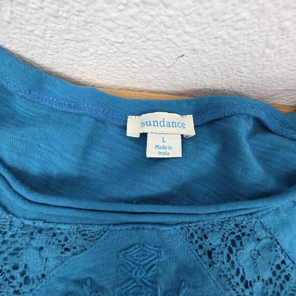 Sundance Long Sleeve Shirt Womens Large Floral Crochet Lace Blue Boho Slub Knit - Picture 5 of 6